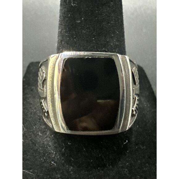 New Condition Sterling Silver Onyx Aztec Eagle Design Signet Ring 925 Size 12 - Picture 1 of 6